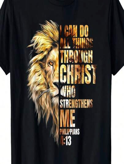 Man’s Lion Scripture Print Black TShirt Crew Neck Casual Cotton Teesize S to 5XL
