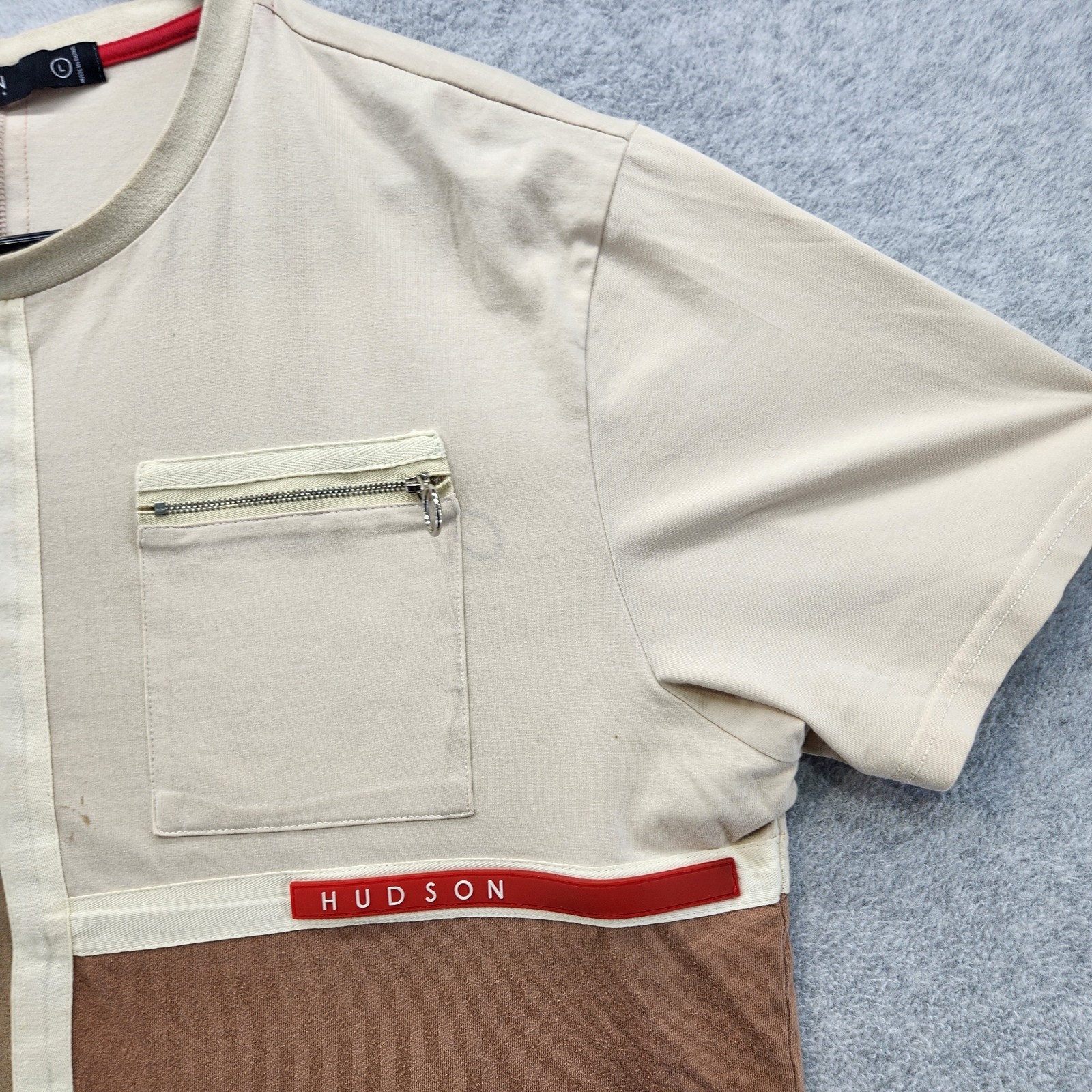 Hudson Outerwear Shirt Mens Large Beige Brown Patchwork Block Pocket Streetwear