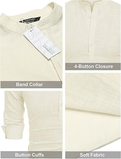 COOFANDY Men’s Cotton Linen Henley T-Shirt Long Sleeve Hippie Casual Beach Beige