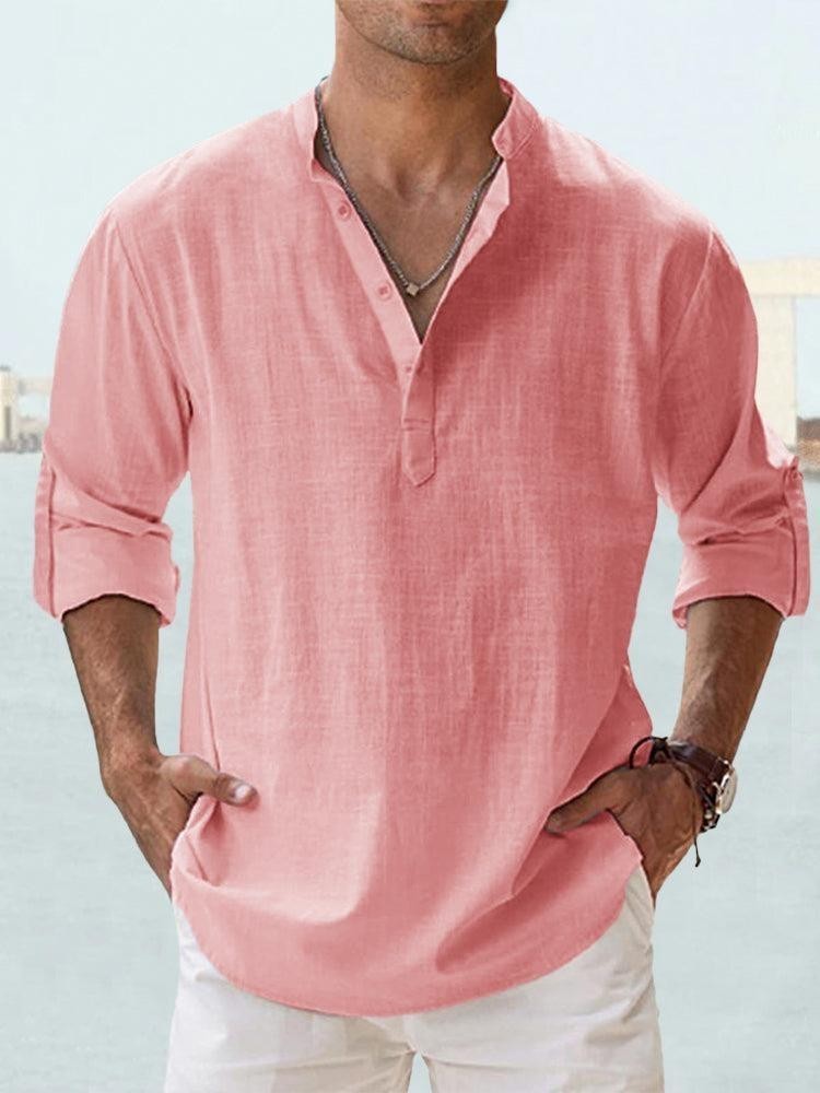 Men’s Casual Henley Shirt Long Sleeve Linen Cotton Loose Fit Summer T-Shirt