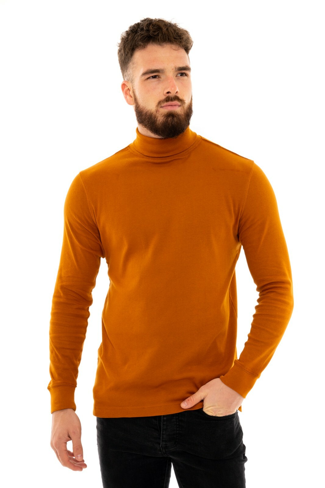 Mens Roll Neck Cotton Lightweight Jumper T-Shirt Turtle Funnel Long Sleeve Tops