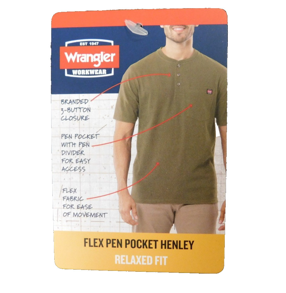 Wrangler Workwear Flex Pen Pocket Henley T-Shirt Men’s XL (46-48) Charcoal