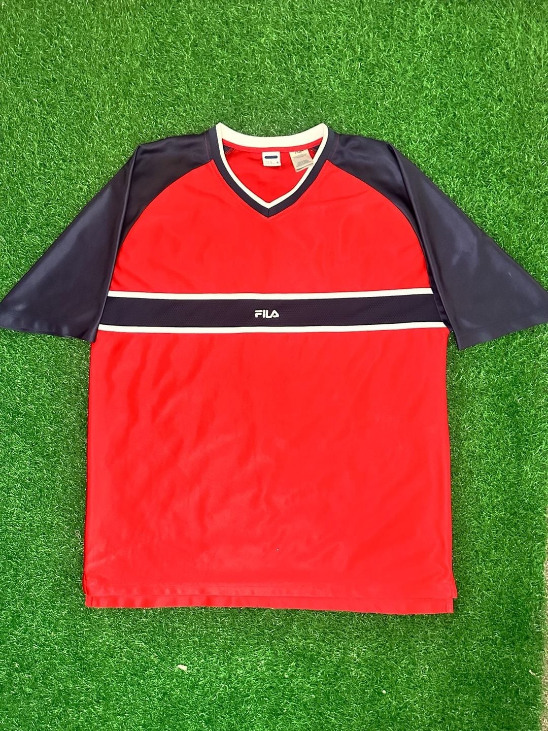 Vintage 90s Fila Colorblock V-Neck Soccer Jersey Shirt Red Navy