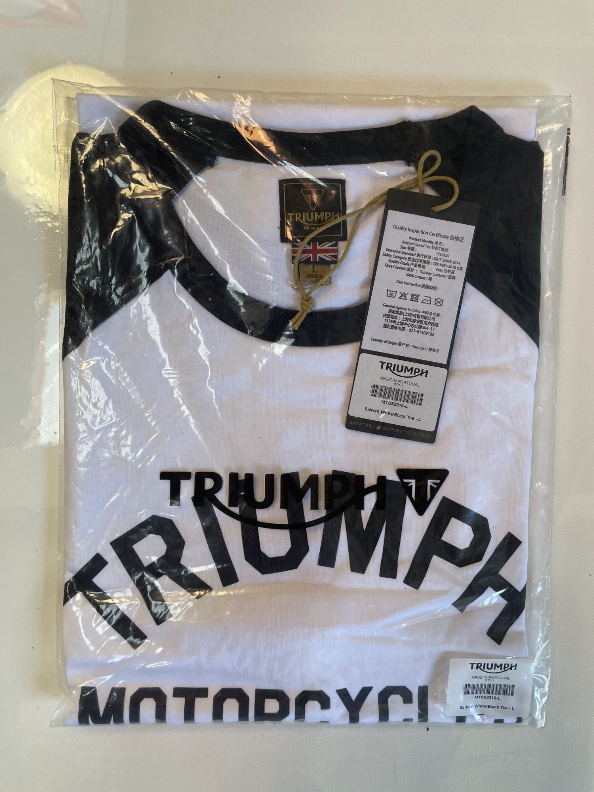 Triumph Motorcycles Saltern T Shirt Mens Large White Black Cotton Raglan Sleeve