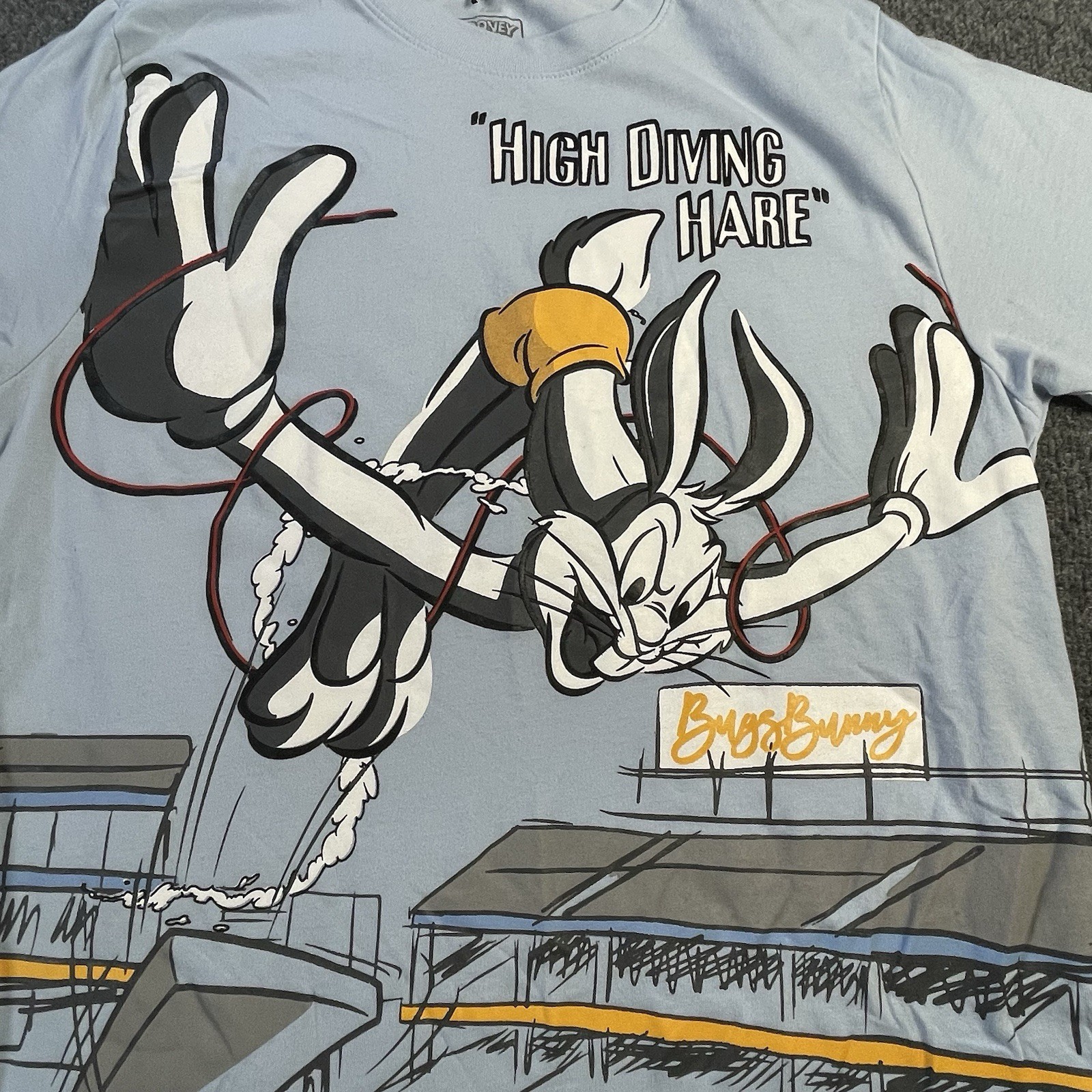Looney Tunes T-Shirt Mens Medium Blue Bugs Bunny Graphic Print High Dive Diving