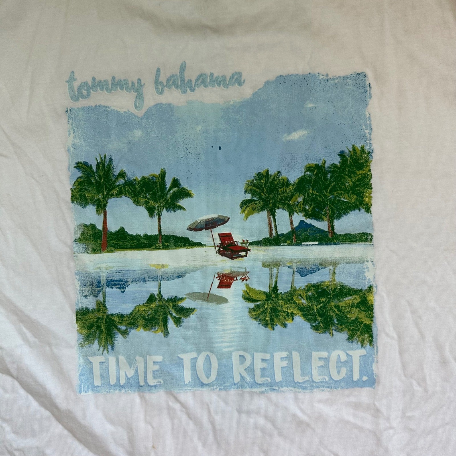Tommy Bahama Time To Reflect Beach Graphic T-Shirt Large White Palm Tree Back