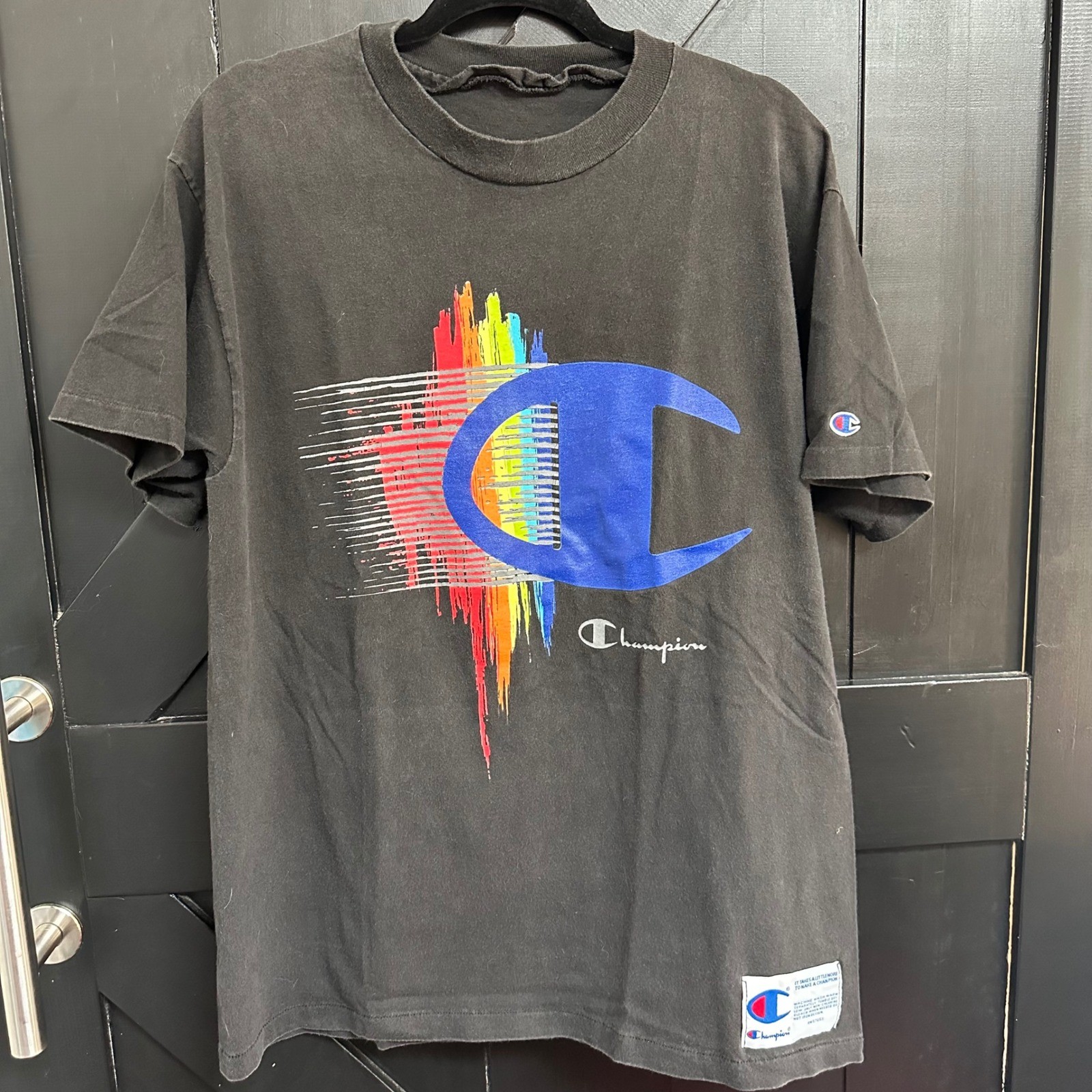 Vintage Champion T Shirt Made In USA Big C Rainbow Graphic Streetwear 90s Skate