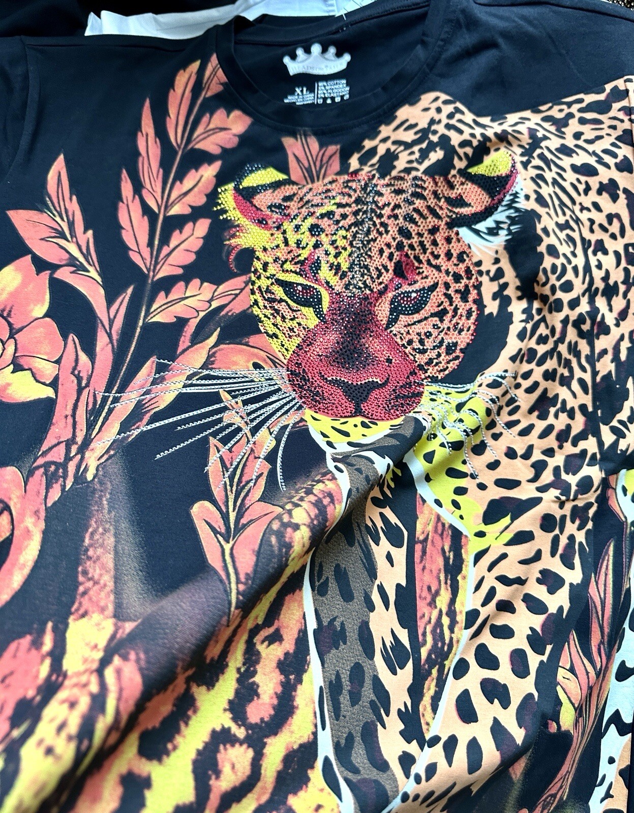 Heads or Tails Men’s Rainstones Beaded / Black / Tiger T-shirt Size XL