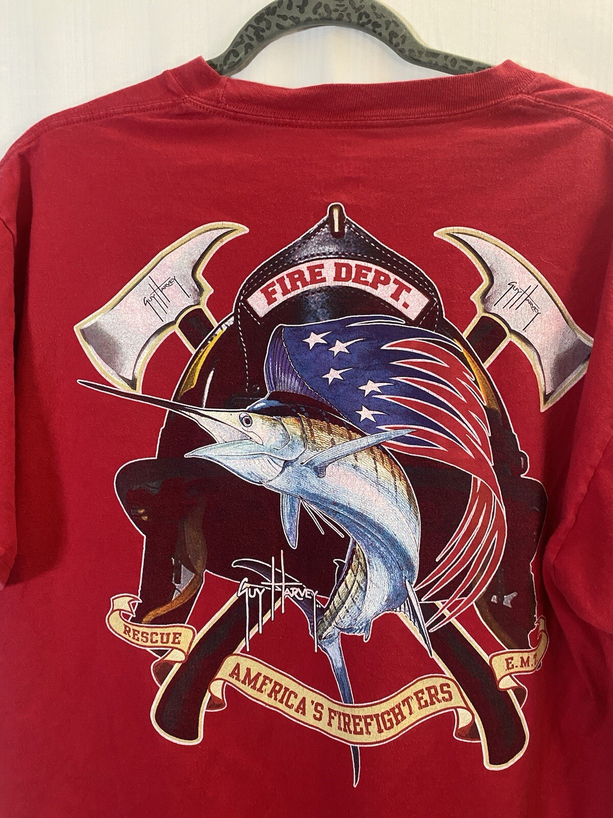Guy Harvey BlueWater Firefighter Fire Department Swordfish Pocket T Shirt Size L