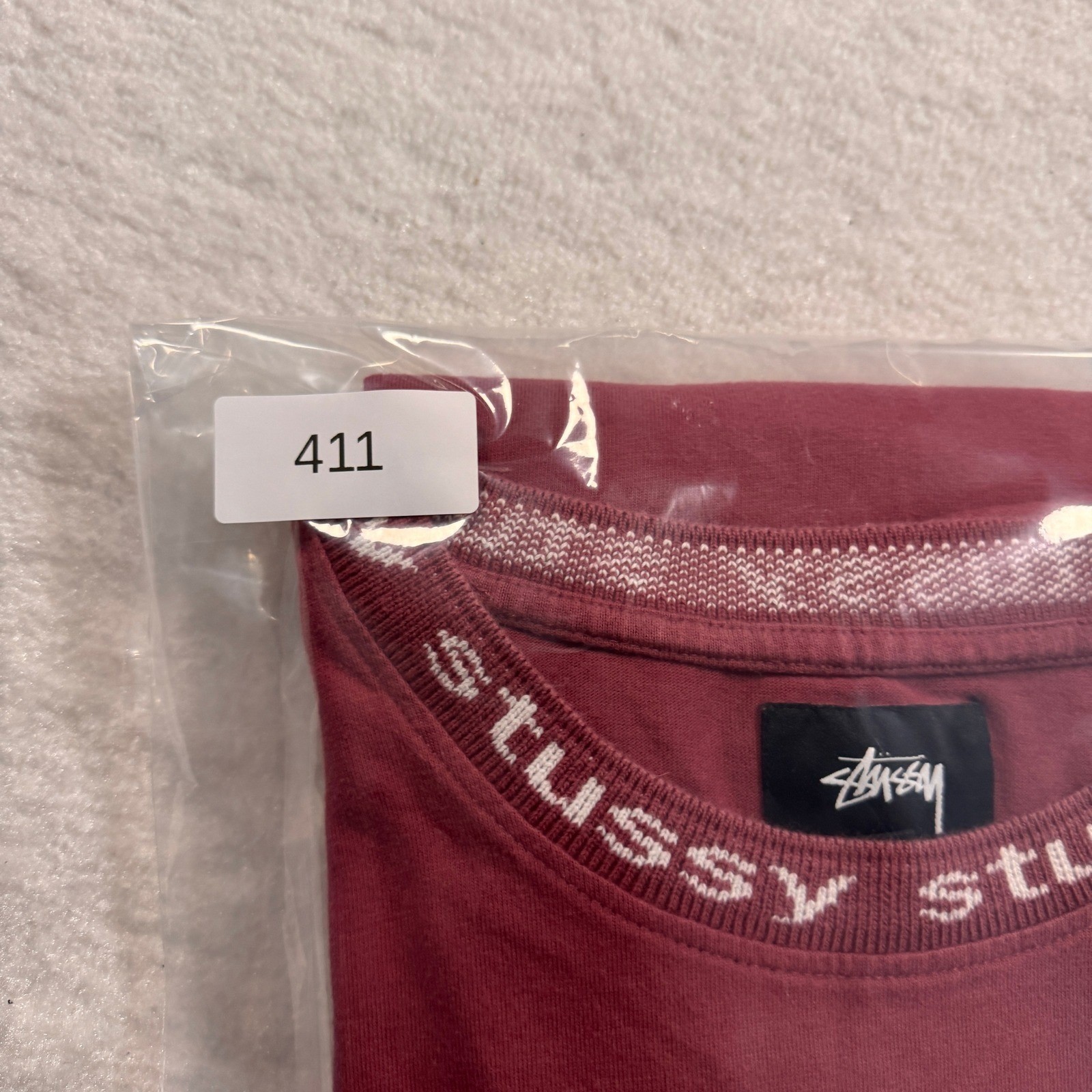 Stussy Mens Long Sleeve Logo Ribbed Collar T-Shirt Burgundy Red Size Small