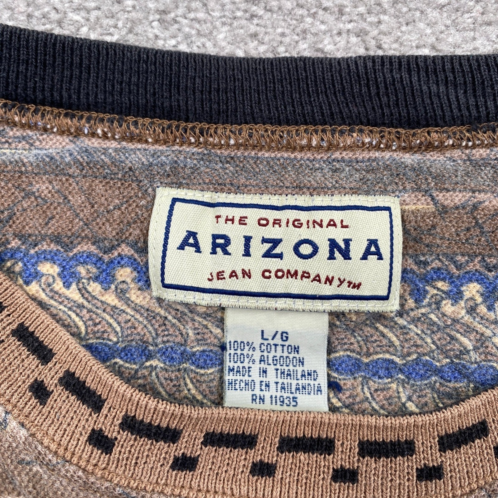 VTG Arizona Company Mens T Shirt L G Geometric Pattern Pocket Tee Brown Blue