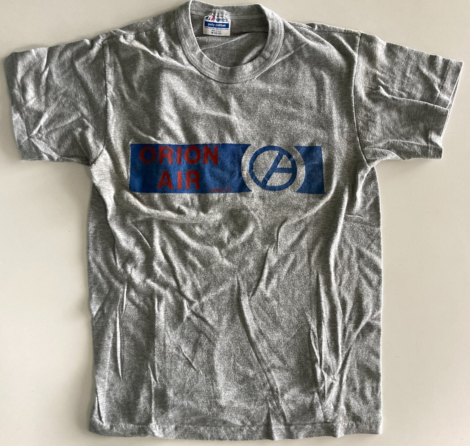 VTG 1980s ORION AIR T-SHIRT~#26~MED~GRAY~HANES~AIRLINE FOLDED IN 1989~RARE SHIRT