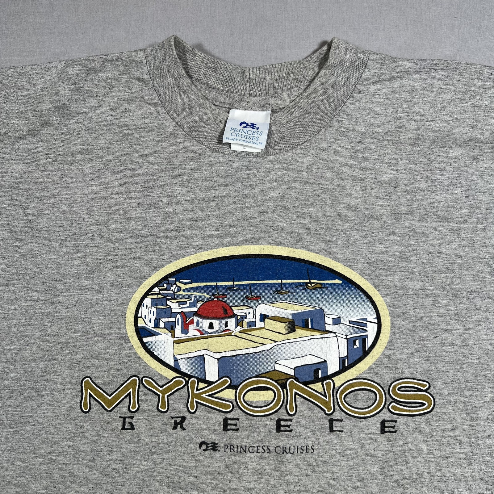 Mykonos Greece T-Shirt Men’s Large Heather Gray Cotton Princess Cruises 90s