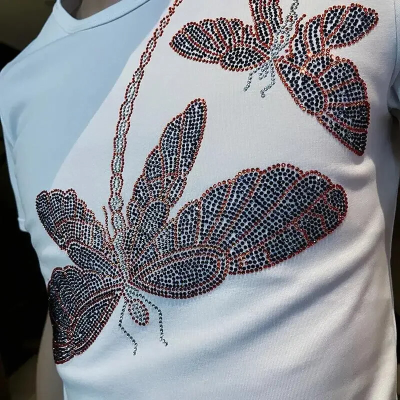 New Men Luxury Rhinestones Dragonfly Fashion Black White T-Shirt High Quality