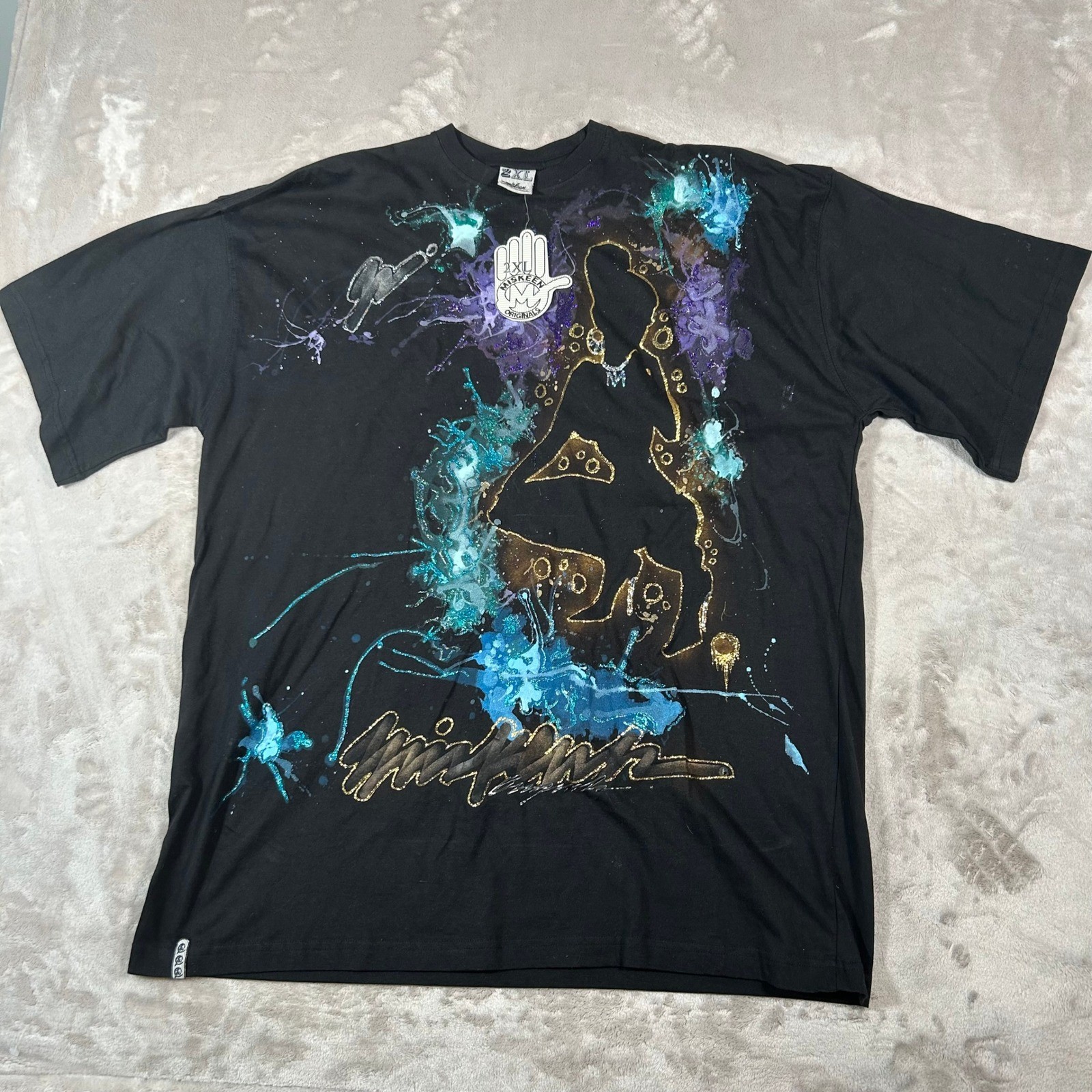 New Miskeen Hand Painted T Shirt Mens 2XL Black Glitter Splatter Art VTG Y2K NWT