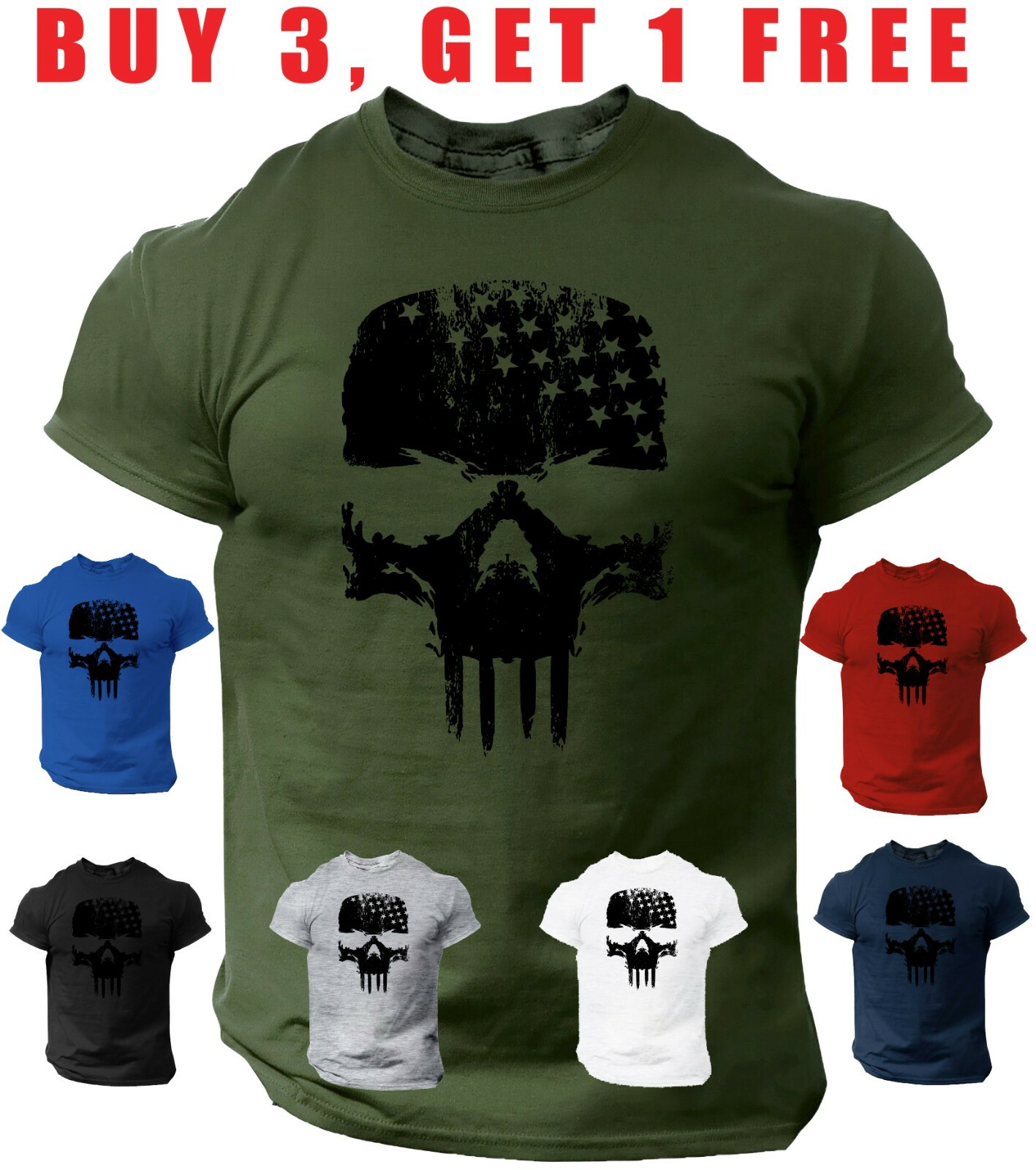 Skull T-Shirt Warrior Distressed USA Flag Military PUNISHER patriotic Tee Shirt