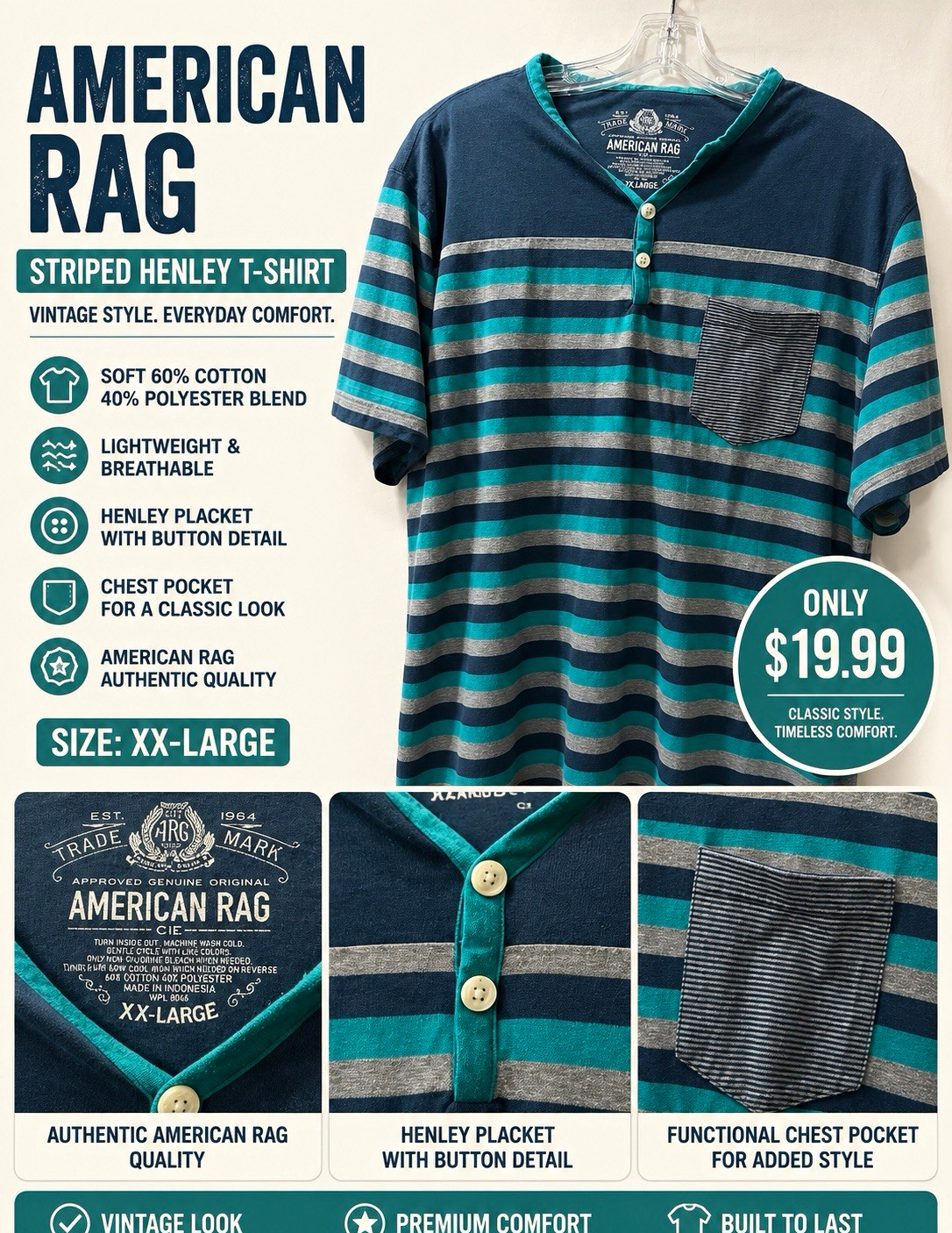American Rag Blue Teal Gray Striped Henley Chest Pocket Short Sleeve Tee Men 2XL