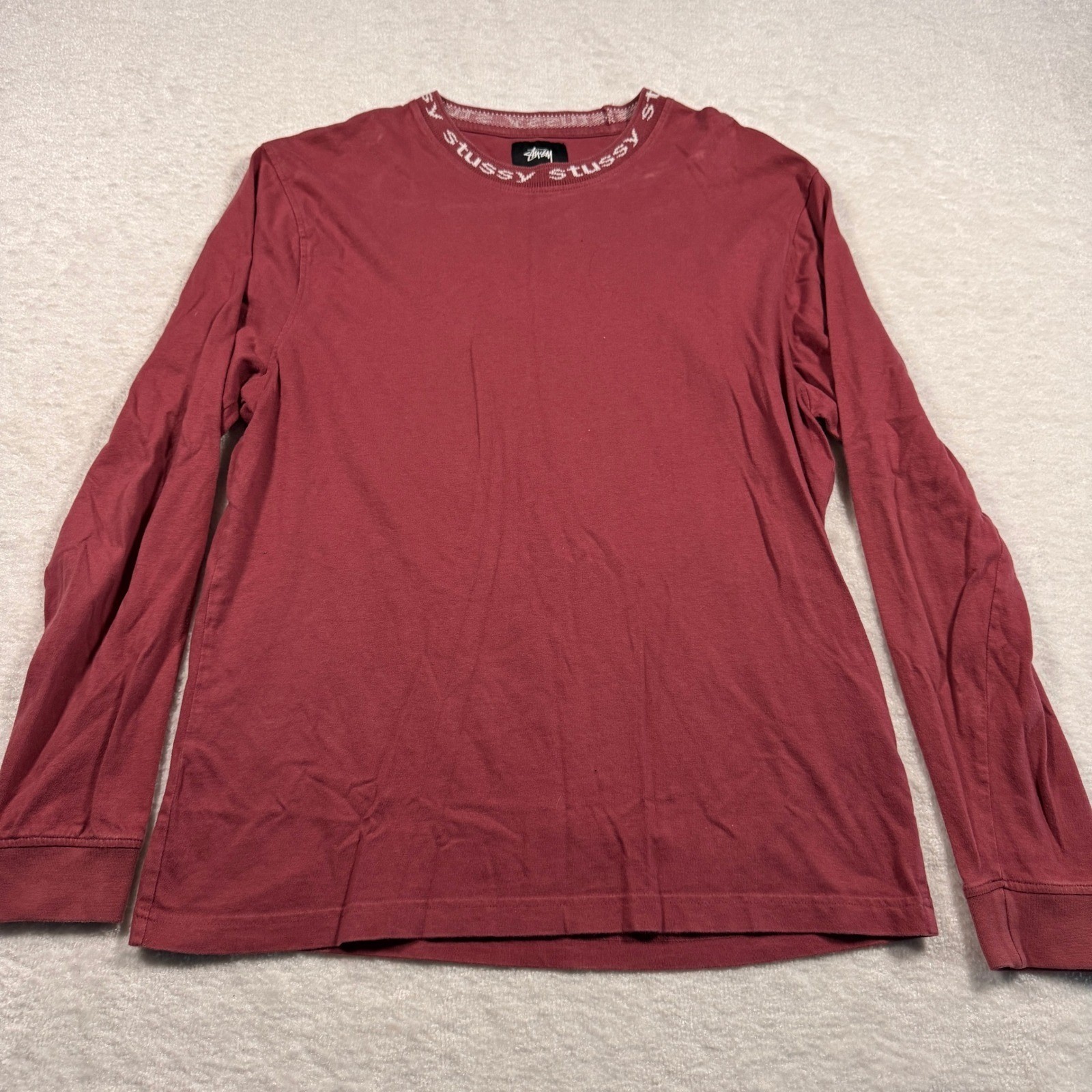 Stussy Mens Long Sleeve Logo Ribbed Collar T-Shirt Burgundy Red Size Small