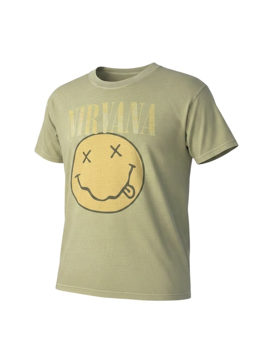 American Eagle Nirvana Smiley Face Band Tee in Sage Green