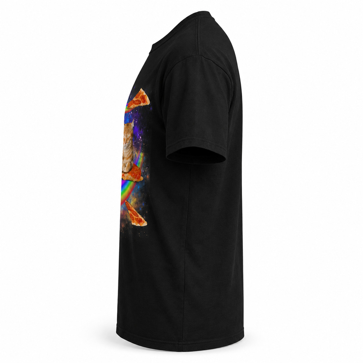 Funny Galaxy Cat Riding Pizza T-Shirt Space Rainbow Graphic Tee Men’s S-5XL