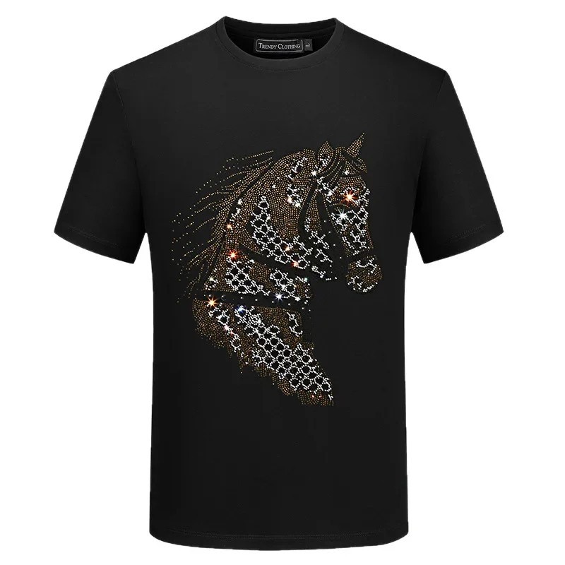 New Men Luxury Diamond Horse Rhinestones Fashion Black T-Shirt High Quality