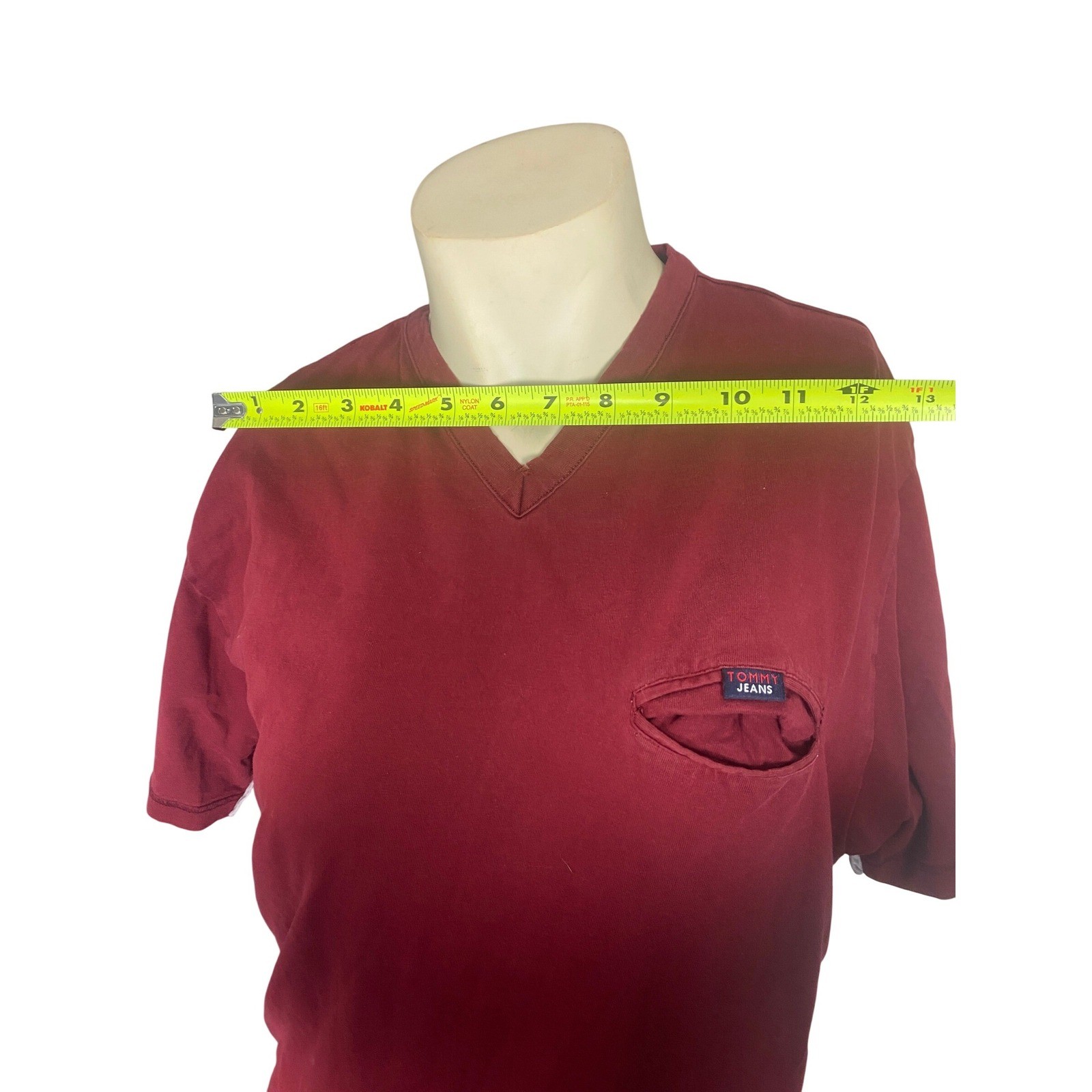 Vintage Tommy Jeans Mens Large Red V Neck Pocket T Shirt Flag Logo 90s