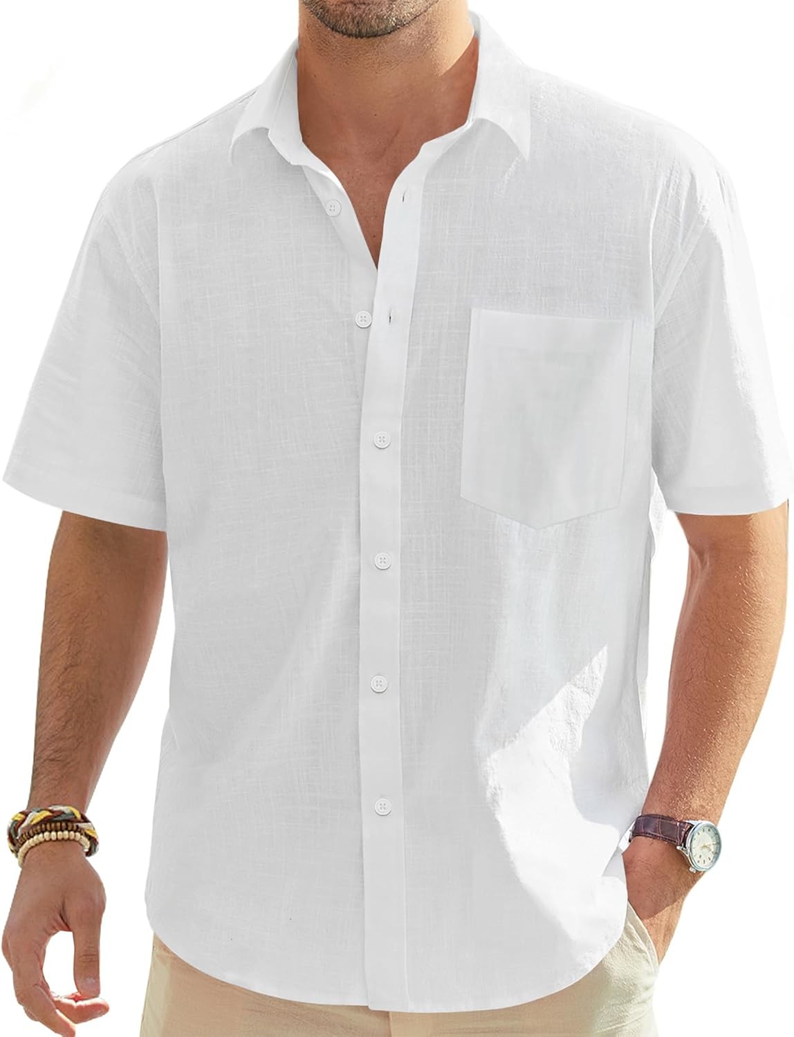 Men’s Cotton Linen Shirt Short Sleeve Anti-Shrink Beach Casual Button Down Top