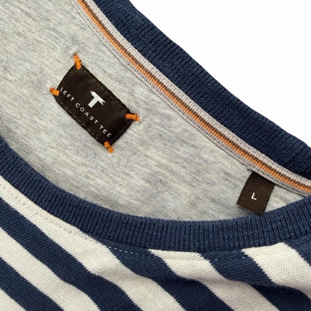 Left Coast Tee Men’s White/Navy Striped Cotton Short Sleeve Crew Neck Tee Large