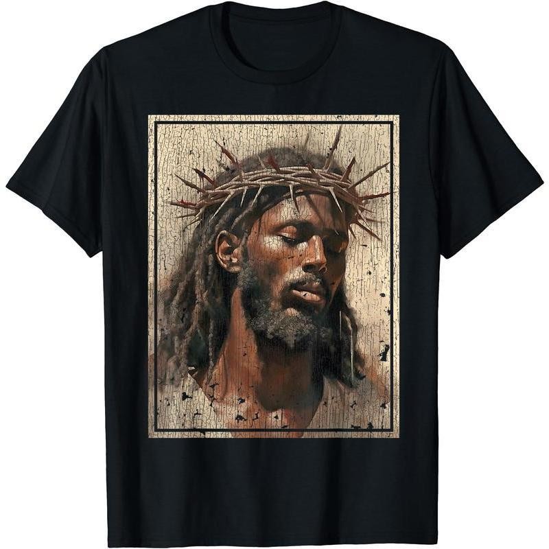 100%Cotton Black Jesus Shirt Face Of Jesus Cross With Crown Of Thorns TShirt Tee