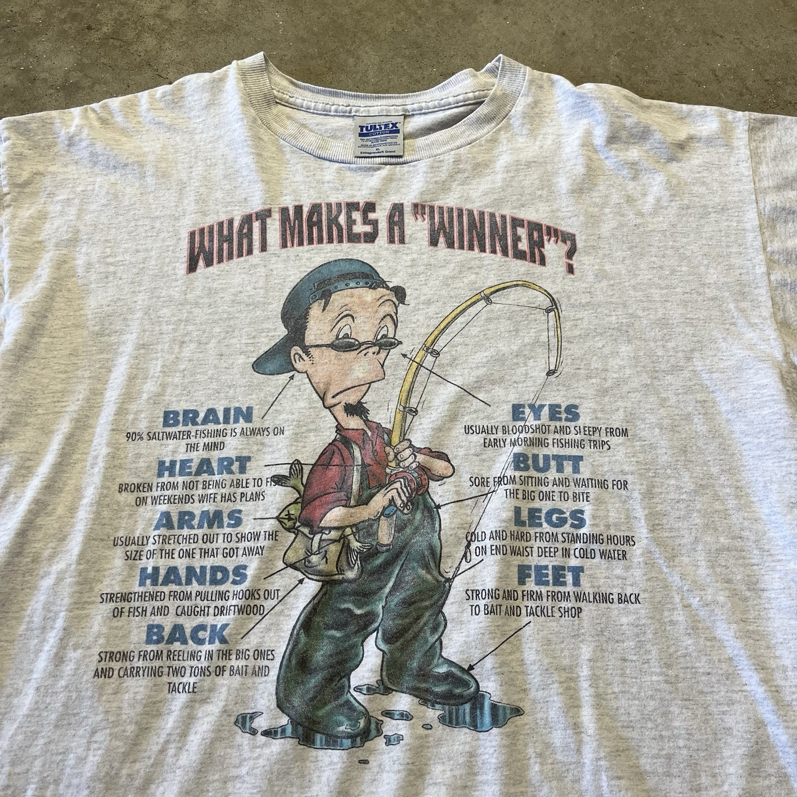 Vintage Tultex Fishing Cartoon T Shirt Mens XL Gray Funny Dad Joke Winner 90s