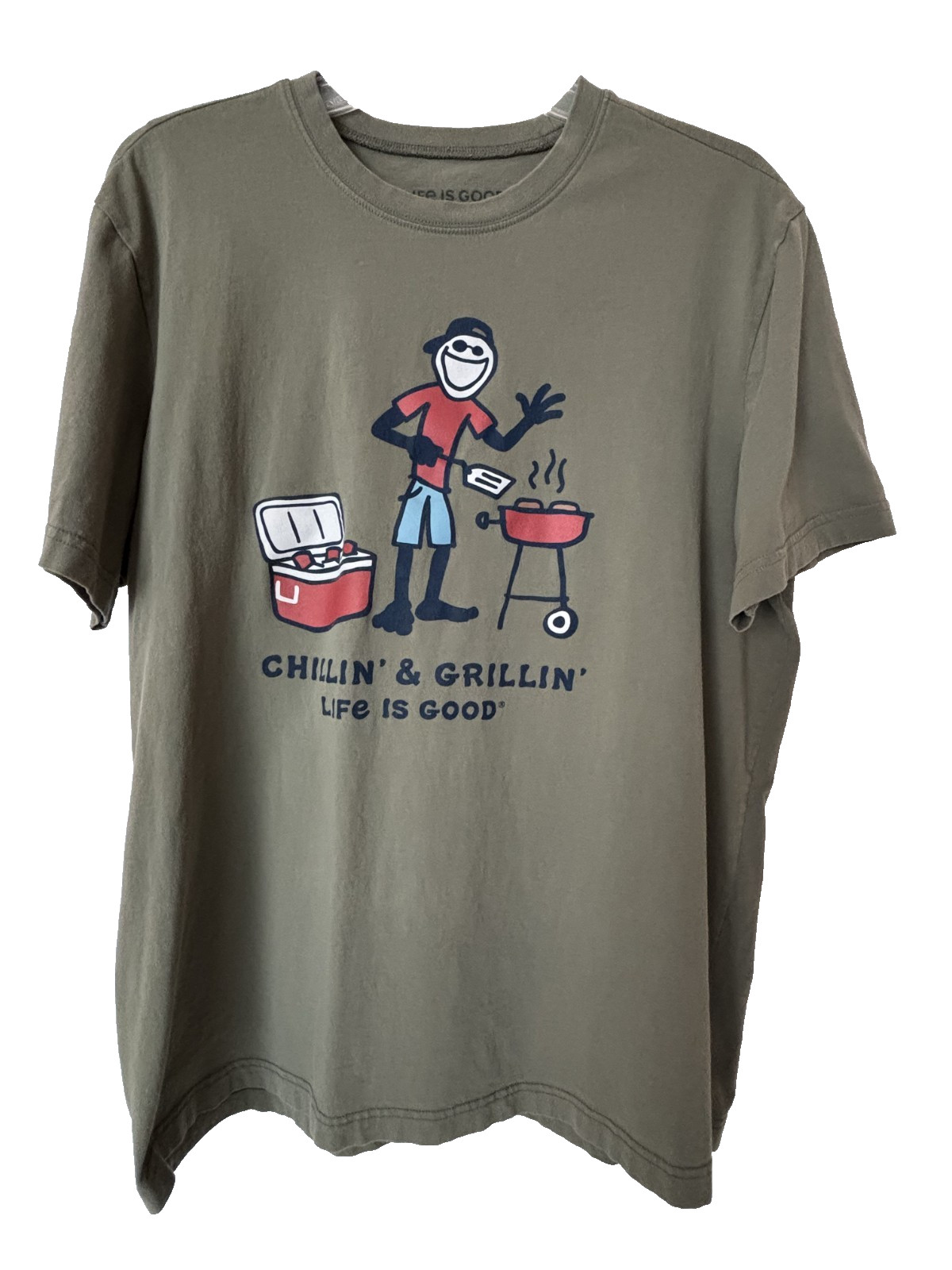LIFE IS GOOD Men’s T Shirt Chillin’ & Grillin’ Short Sleeve Olive Green Large