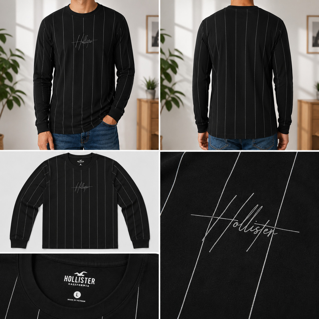 New Hollister Mens T-Shirt Long Sleeve Tee Logo Black Striped Tight Size L
