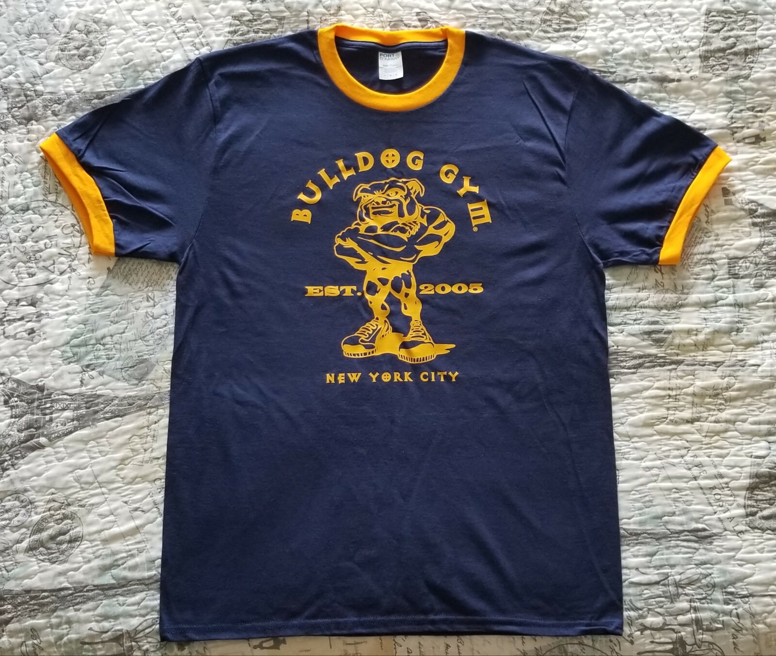 Bulldog Gym New York City Workout Muscle Navy / Gold Ringer T-Shirt NEW M L XL