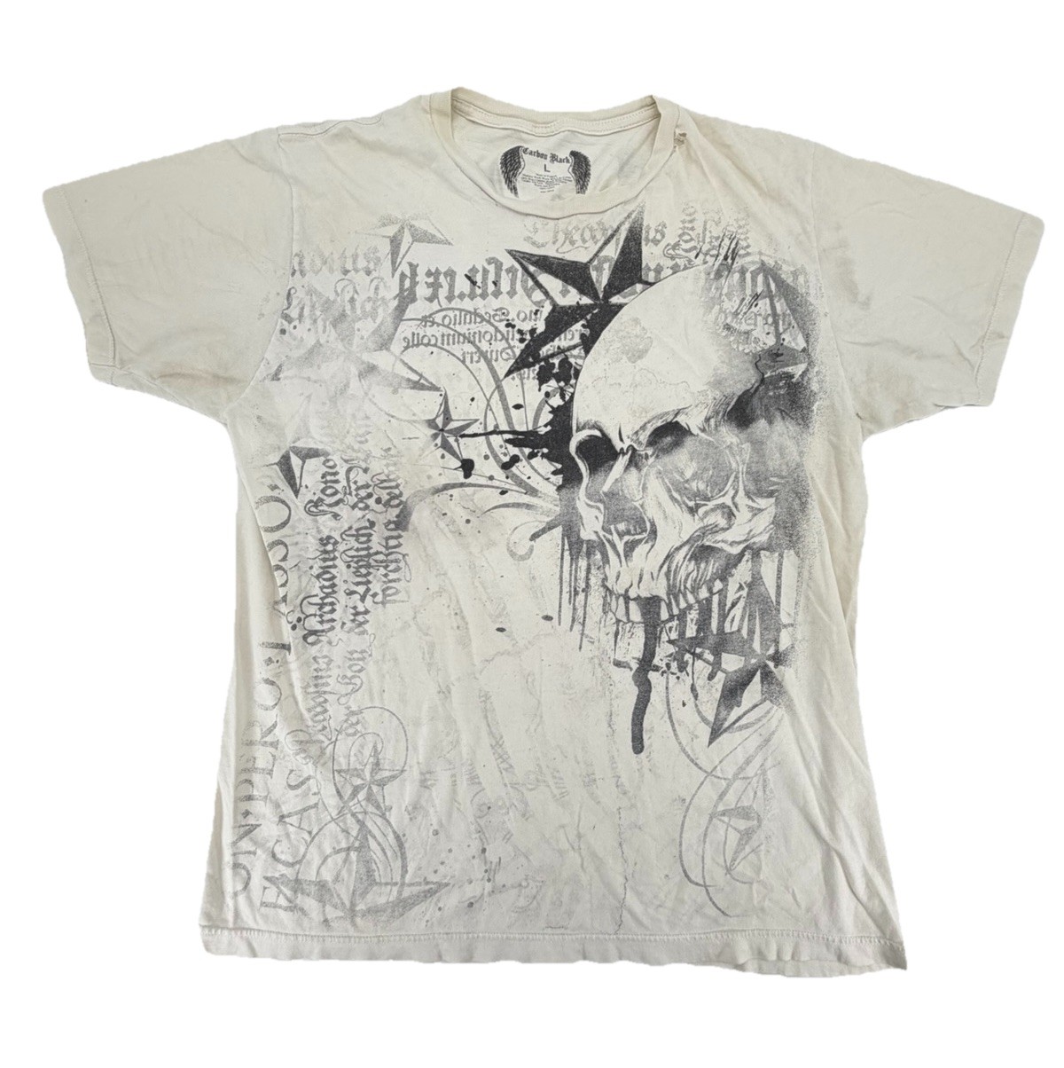 Carbon Black AOP Graphic Double Sided Skulls Stars Rock Grunge Shirt Size Large