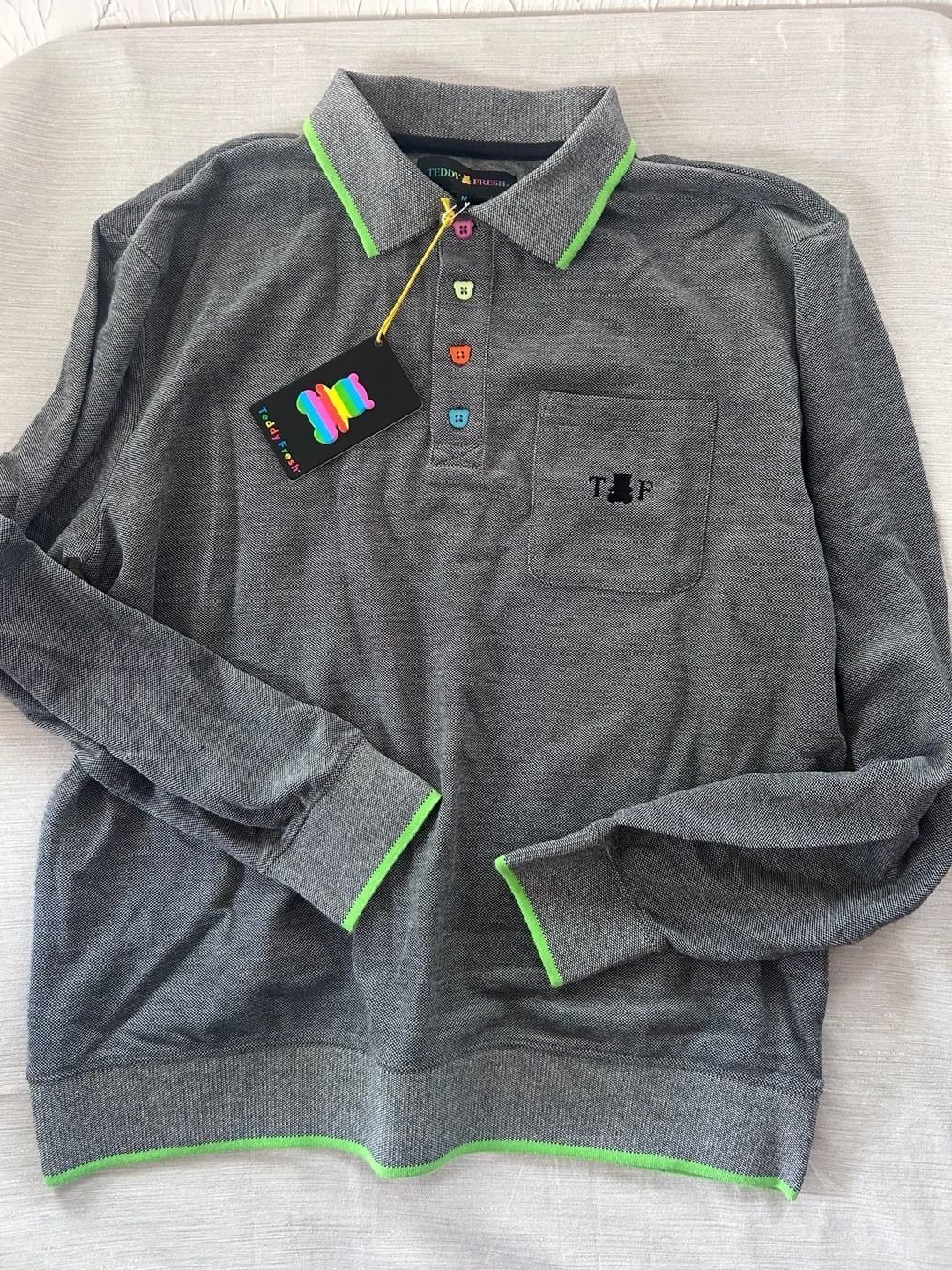 Nwt Teddy Fresh Long Sleeve Polo Shirt Gray Size M