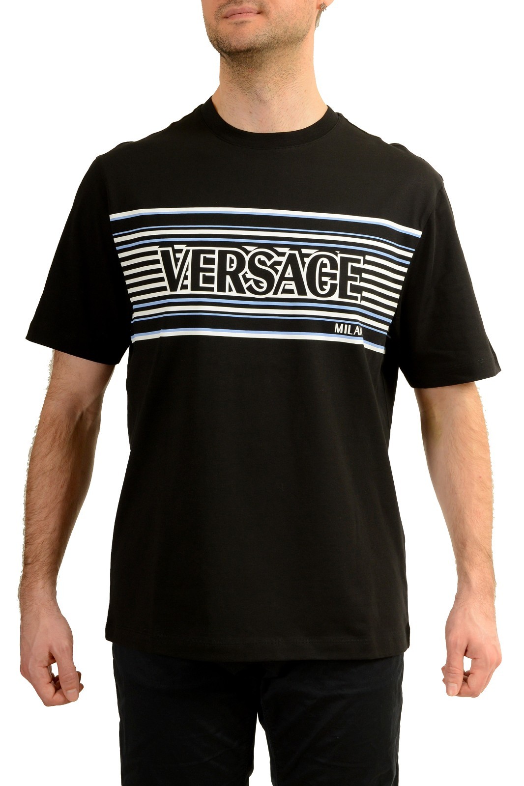 Versace Men’s Logo Print Black Crewneck Short Sleeve T-Shirt US 6XL IT 64