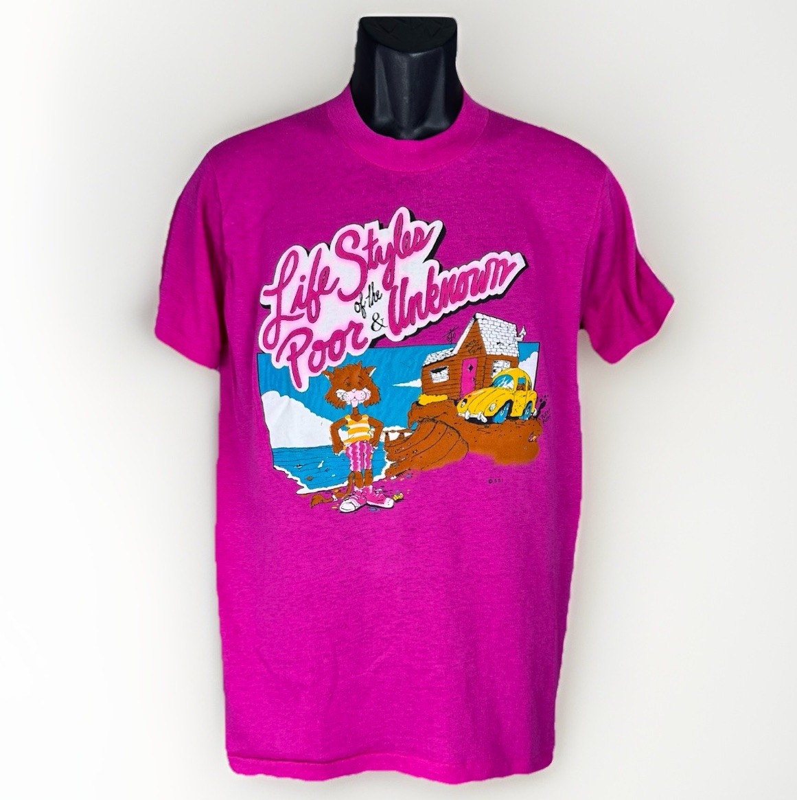 Vtg 80s Lifestyles of Poor & Unknown Top Half Tropix Pink Single Stitch Tee Sz L