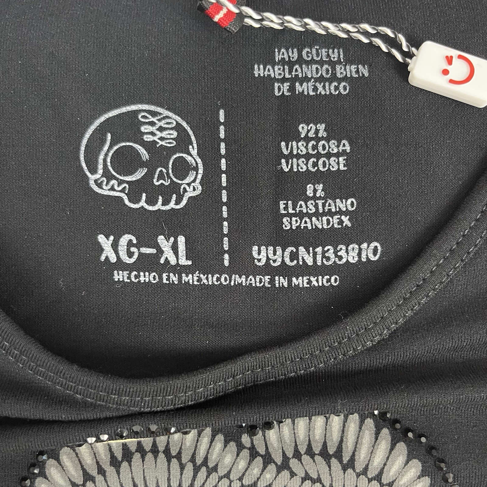 AY GUEY “Chapatin” Men’s Beaded Short Sleeve Tee Mexican Skull Mariachi Black XL