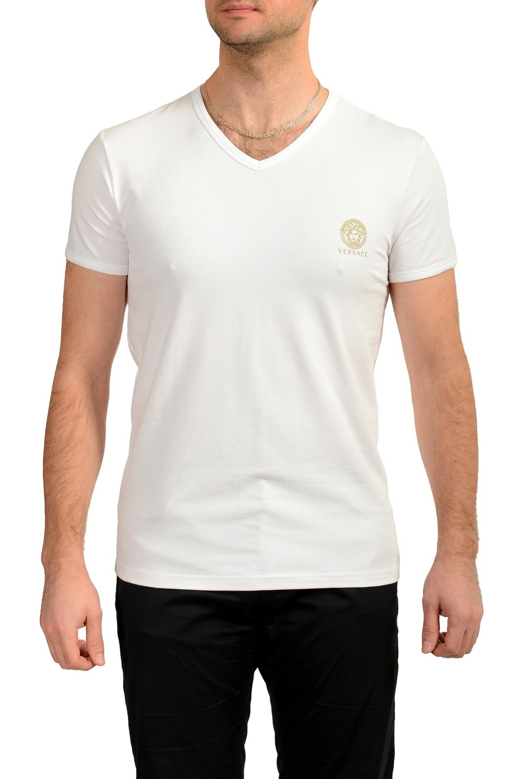 Versace Men’s White Gold Medusa Print V-Neck T-Shirt Versace sz 8 US 2XL IT 56