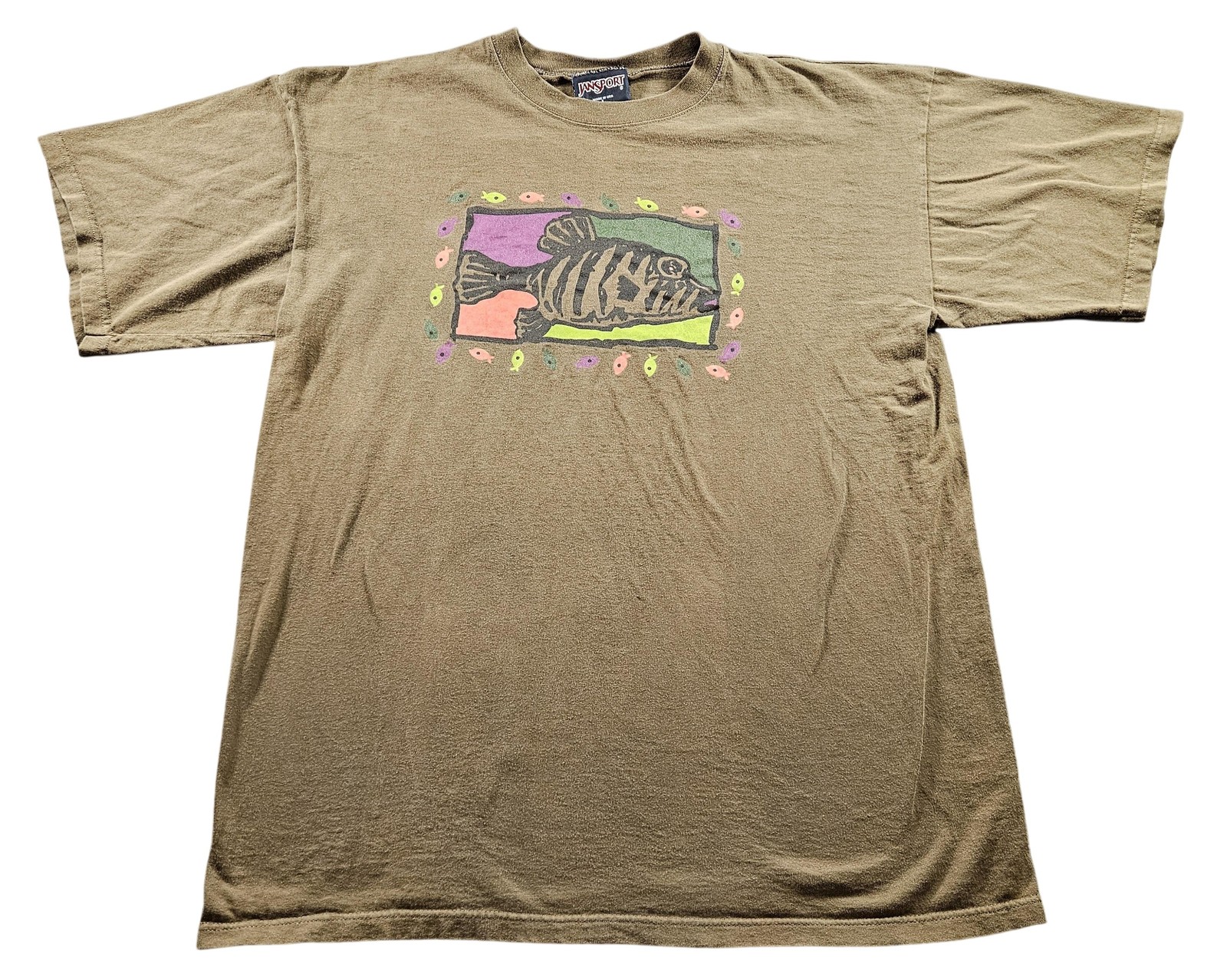 Vintage Jansport Shirt Mens Large Brown Fish Graphic Made USA Outdoor 90s Tee