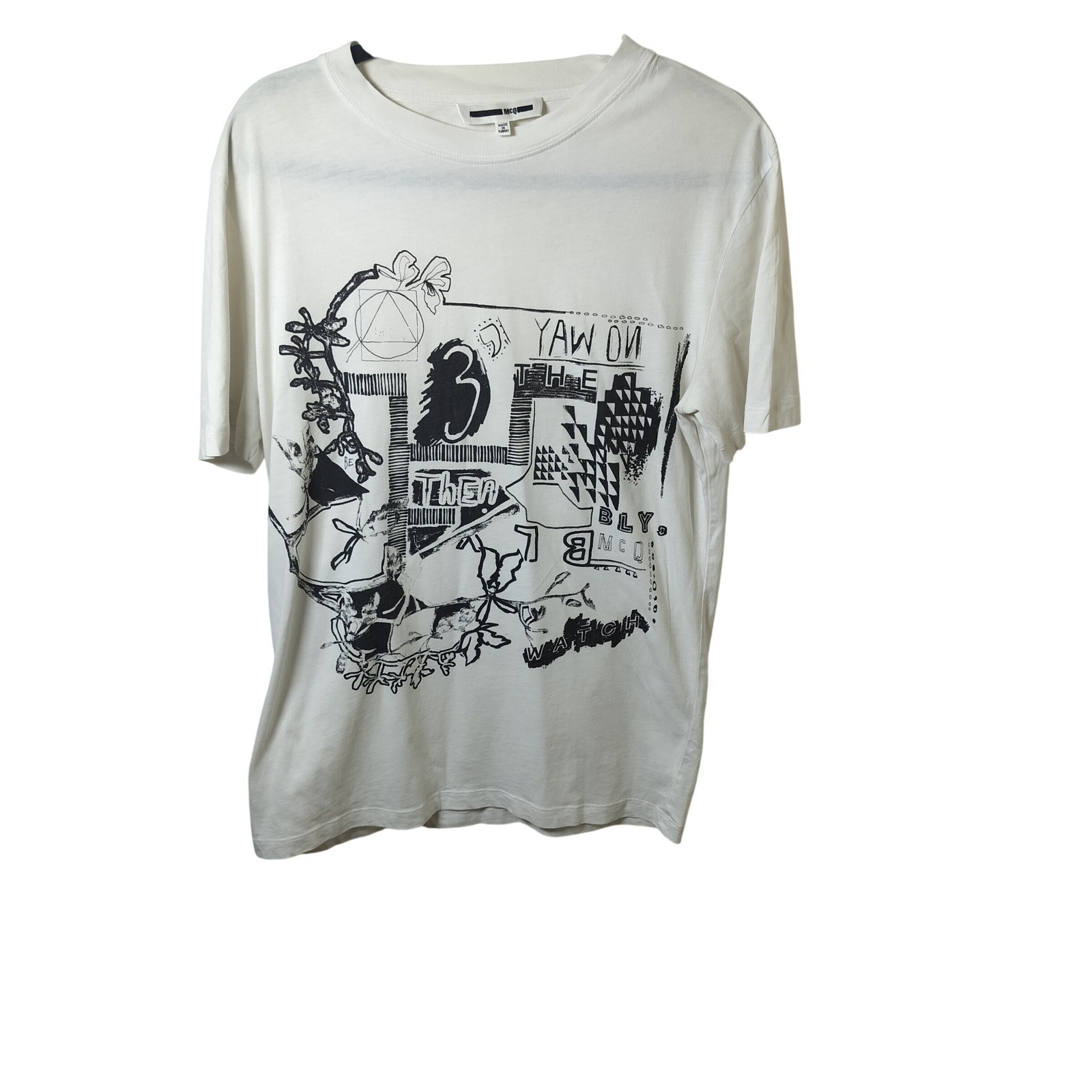 McQ Alexander McQueen Mens Abstract Graphic Print T-Shirt White Cream Large