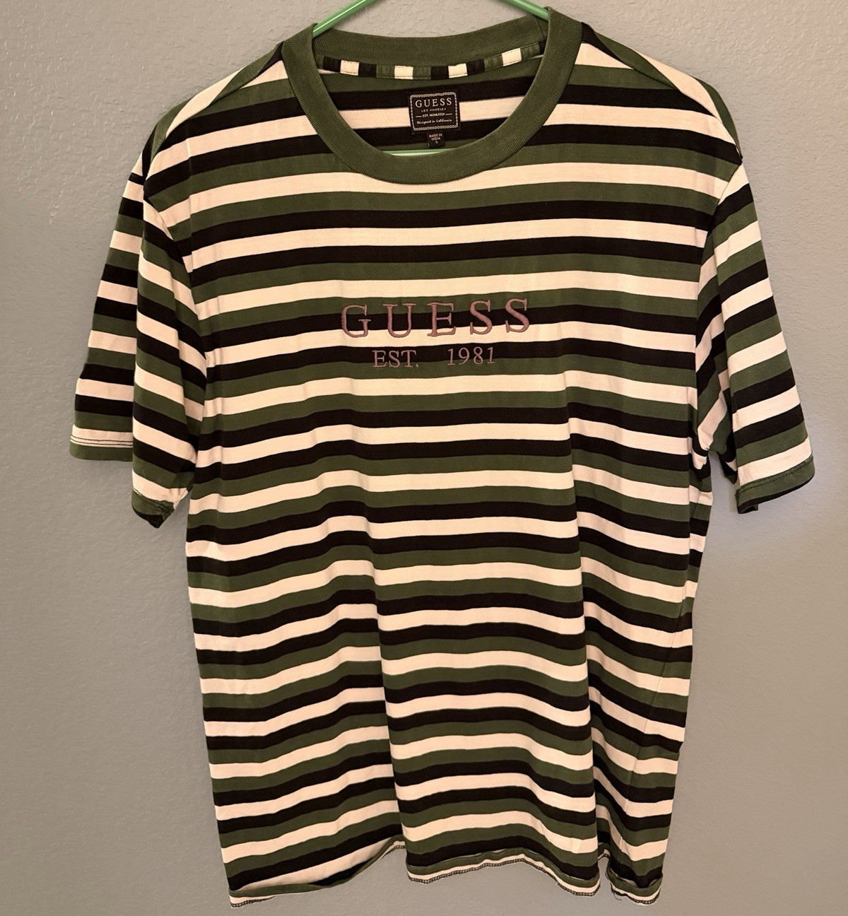 GUESS Men’s Green White Black Striped Logo Crew Neck Short Sleeve T-Shirt S