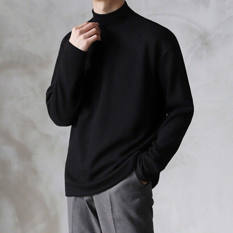 Mens Bottoming Long Sleeved Tee Thin T-Shirt Half Turtleneck Loose Crewneck Top
