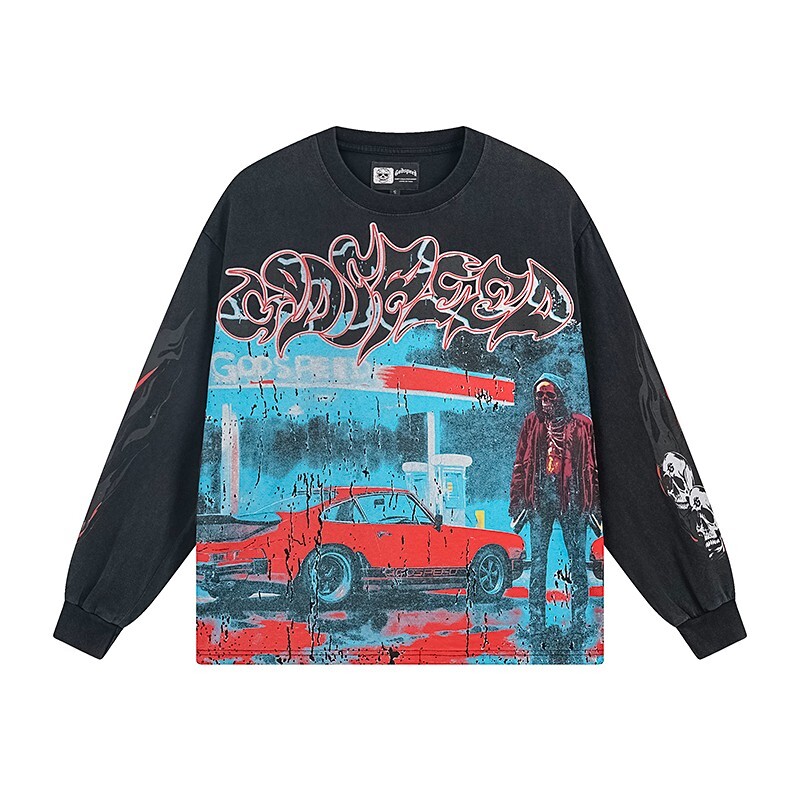 NEW Godspeed Rock sports car pattern Tee Washed Mens Long Sleeve T-shirt