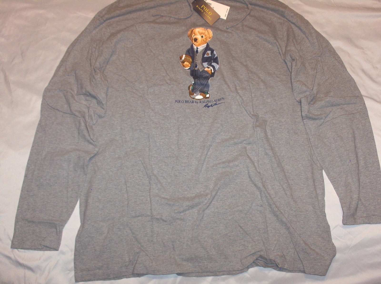 POLO RALPH LAUREN Mens BIG & TALL Football Bear Hoodie T-Shirt Tee, HEATHER GRAY