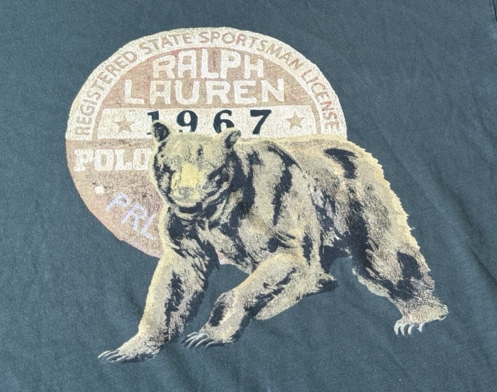 POLO RALPH LAUREN Mens XL Green Sportsman License Grizzly Bear Logo T-Shirt