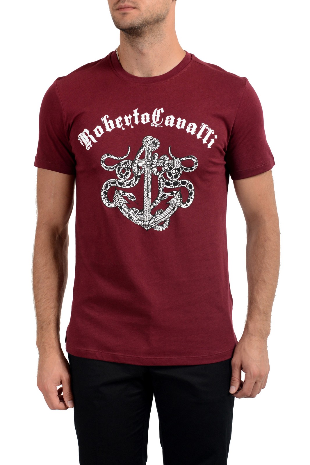 Roberto Cavalli Men’s Burgundy Graphic Print Crewneck T-Shirt US M IT 50