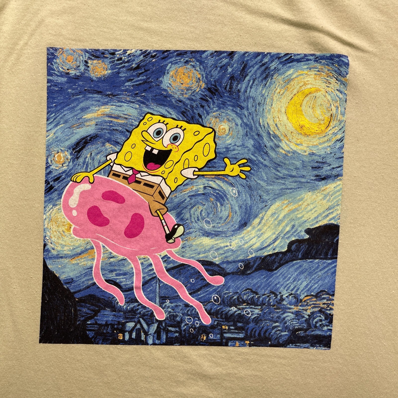 Nickelodeon Spongebob Shirt Mens Large Green Starry Night Painting Short Sleeve