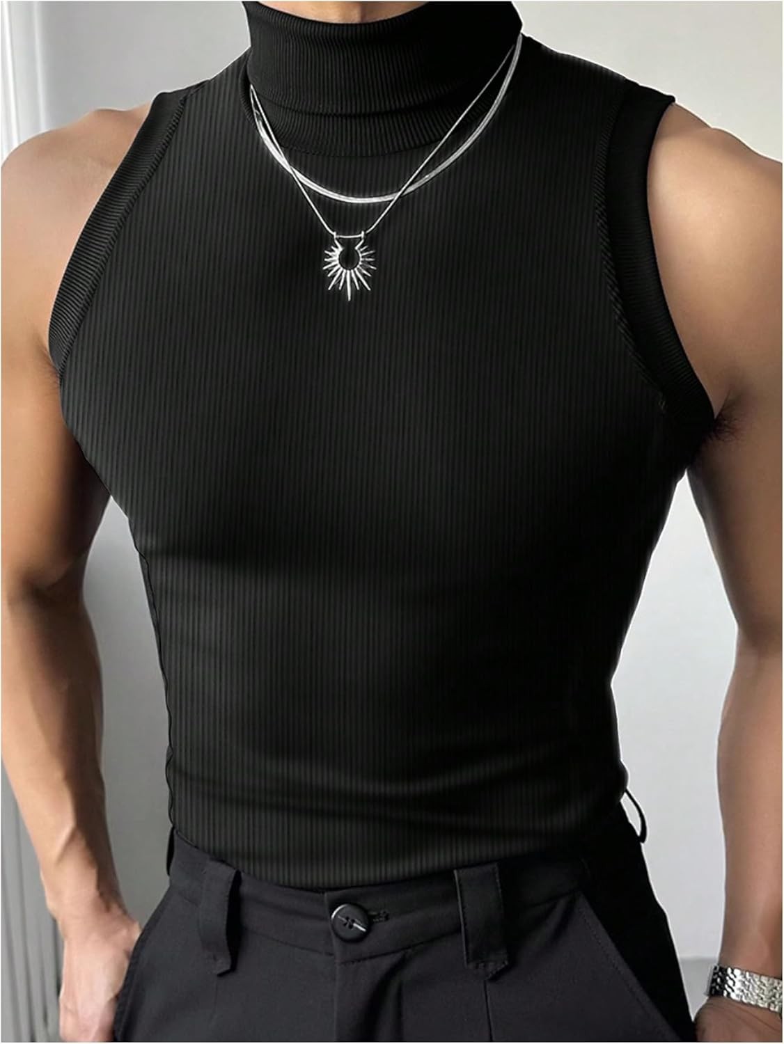 Men’s Sleeveless Ribbed Knit Mock Turtleneck Muscle Fit Tank Top Pullover Shirt