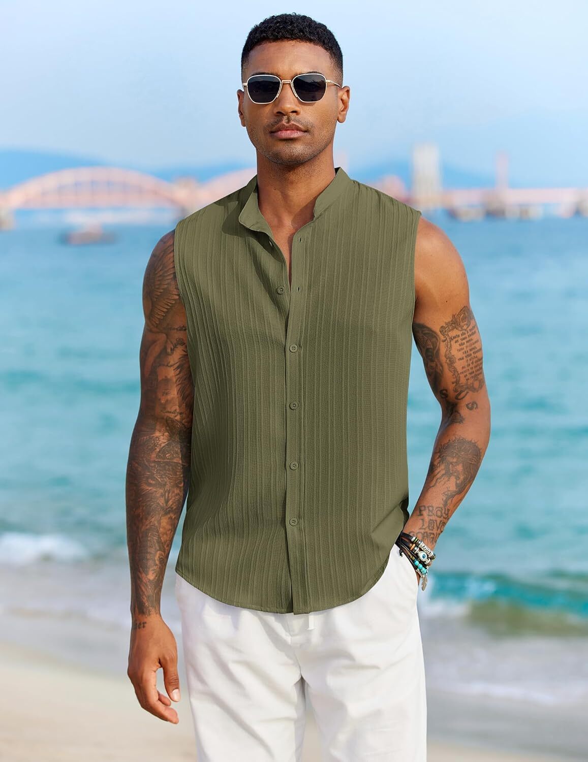 Mens Sleeveless Summer Shirts Beach Tank Tops Button Up Tank Shirt for Vacation